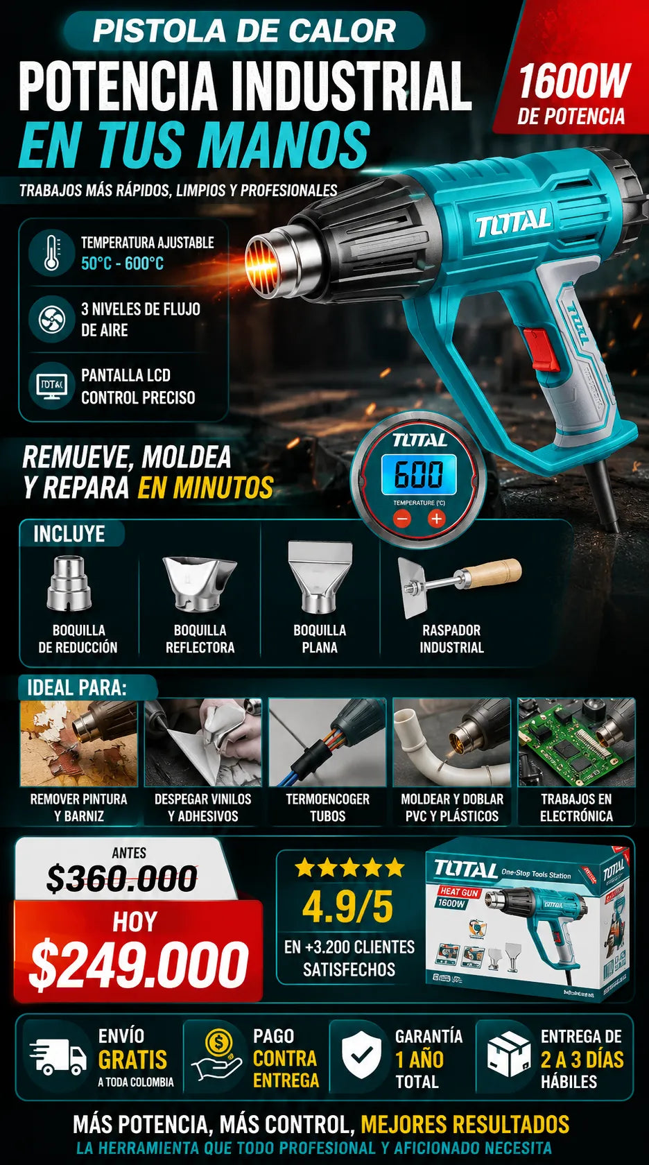 Pistola de Calor Total 1600W con Pantalla LCD | Temperatura Ajustable 50°C-600°C