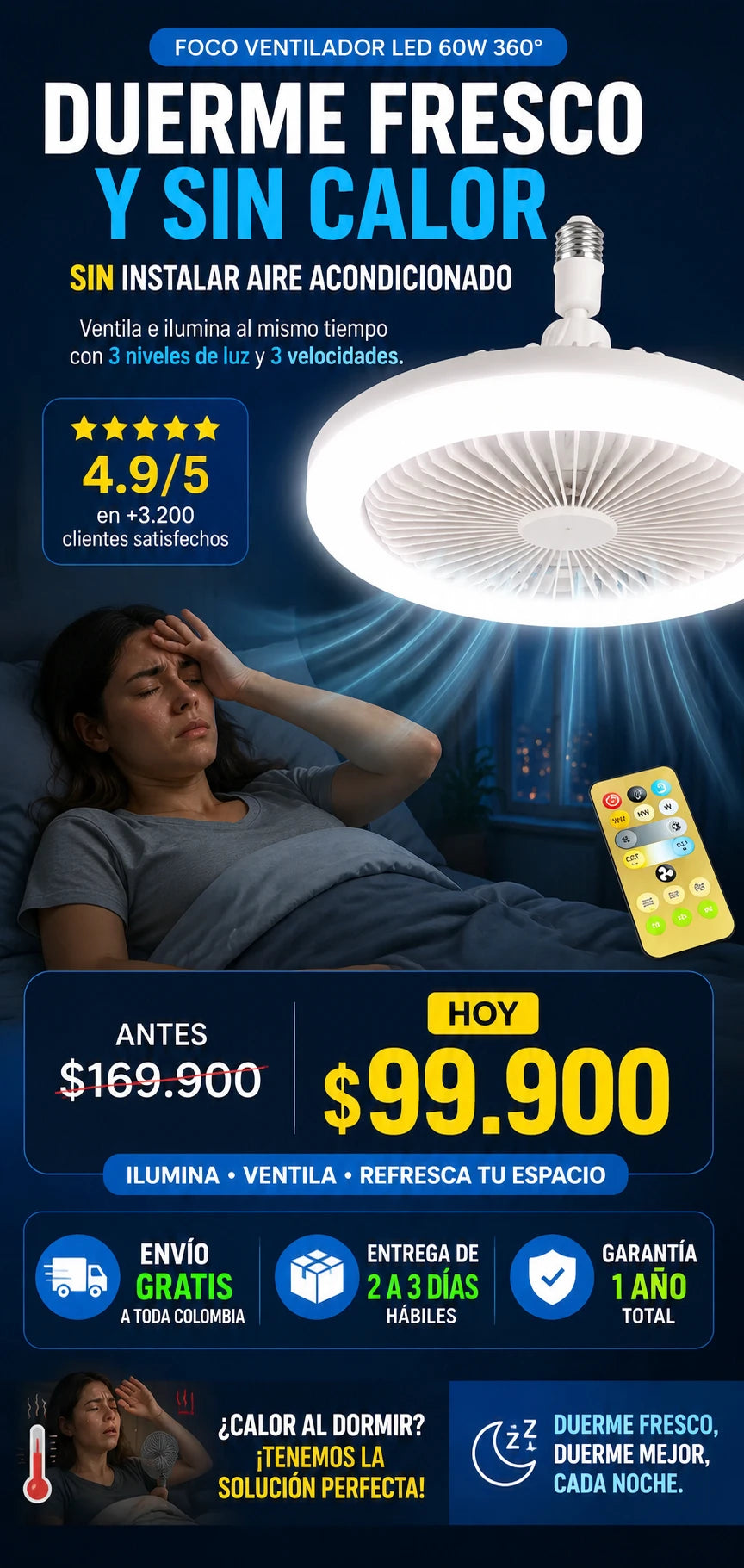 Ventilador con Lámpara LED 360° | 3 Velocidades + Control Remoto | Envío Gratis